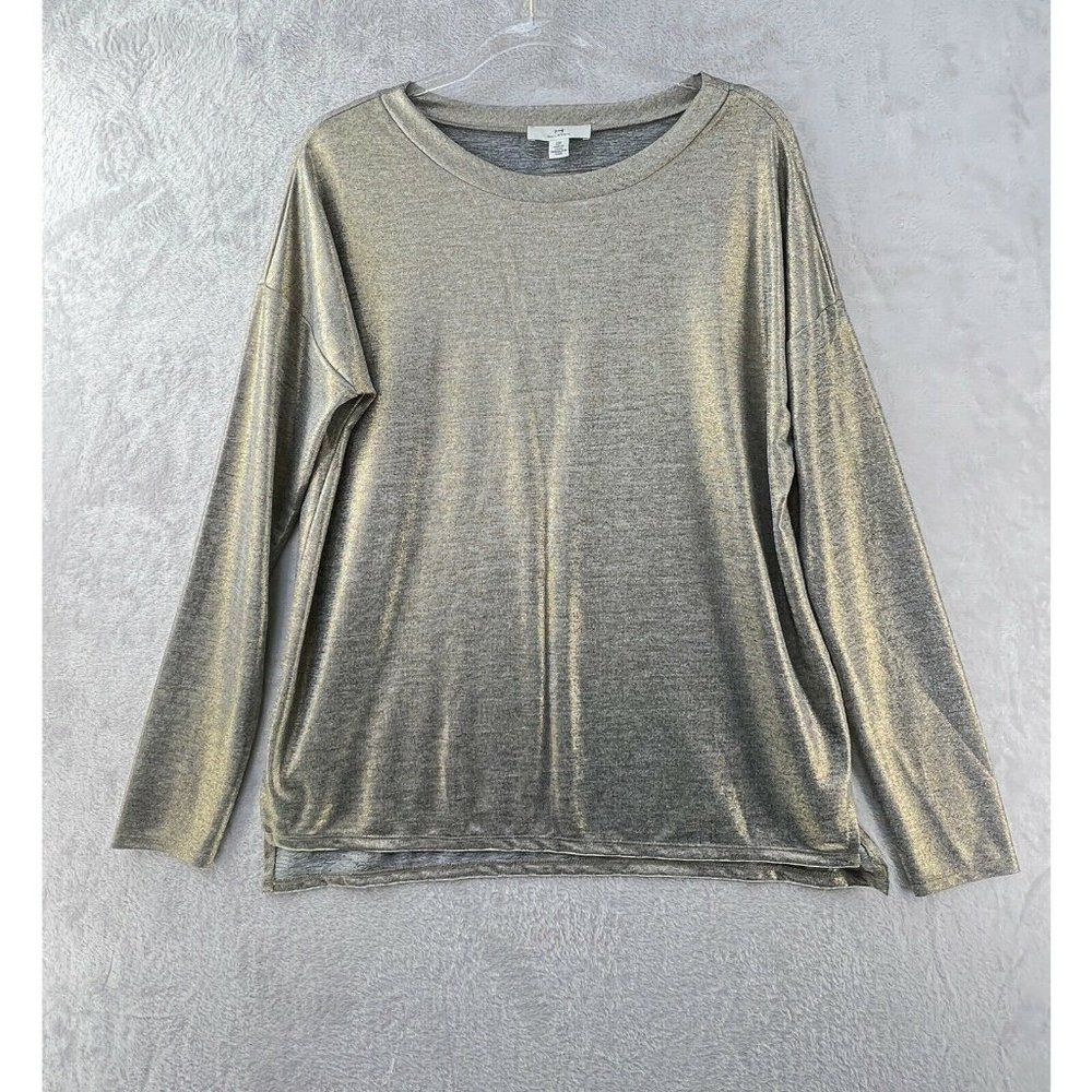 H by Halston Metallic Long Sleeve Crewneck Top - Silver